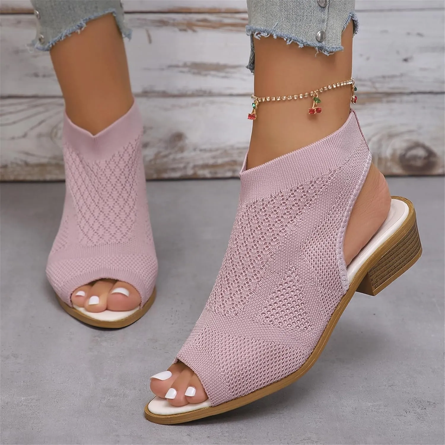 Womens Peep Toe Stacked Heeled Sandals Cutout Knit Slingback Low Block Heel Breathable Sandals Party Bride Work Dress Shoes