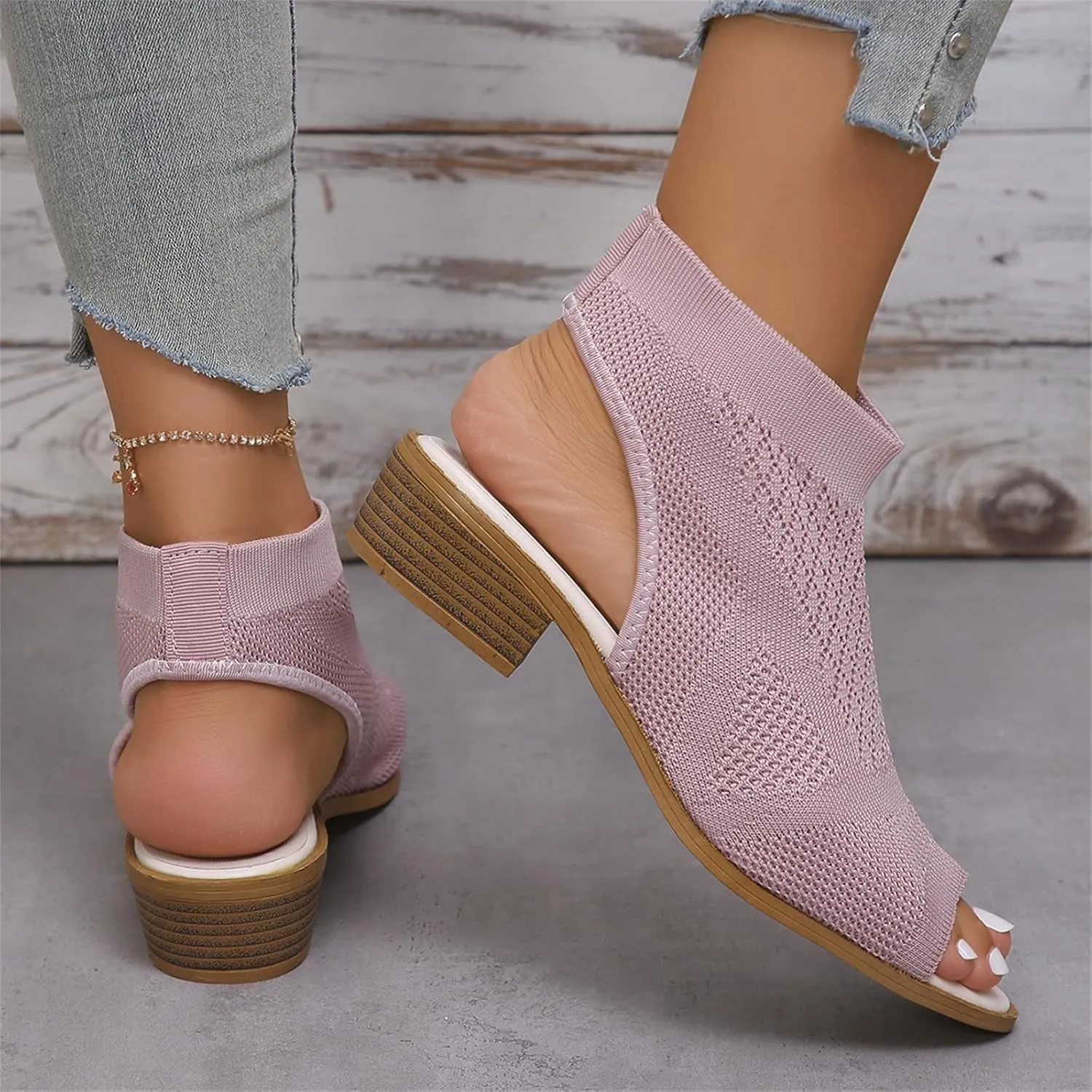 Womens Peep Toe Stacked Heeled Sandals Cutout Knit Slingback Low Block Heel Breathable Sandals Party Bride Work Dress Shoes
