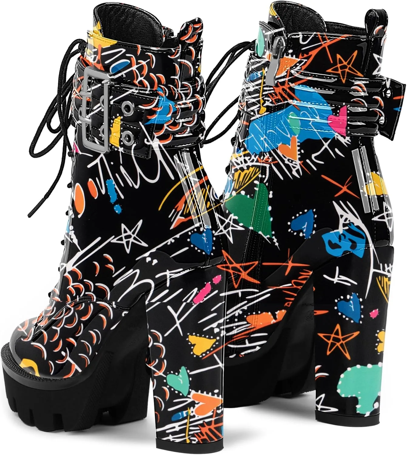 Women's Platform Chunky High Heel Ankle Boots Gothic Buckle Strap Lace Up Combat Booties