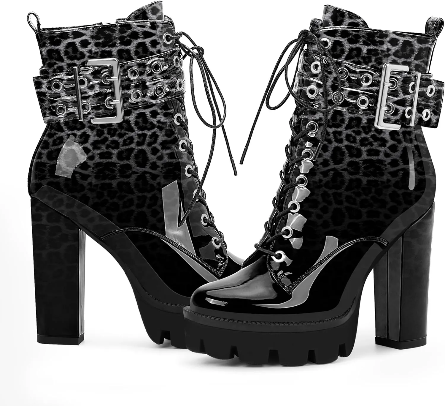 Women's Platform Chunky High Heel Ankle Boots Gothic Buckle Strap Lace Up Combat Booties