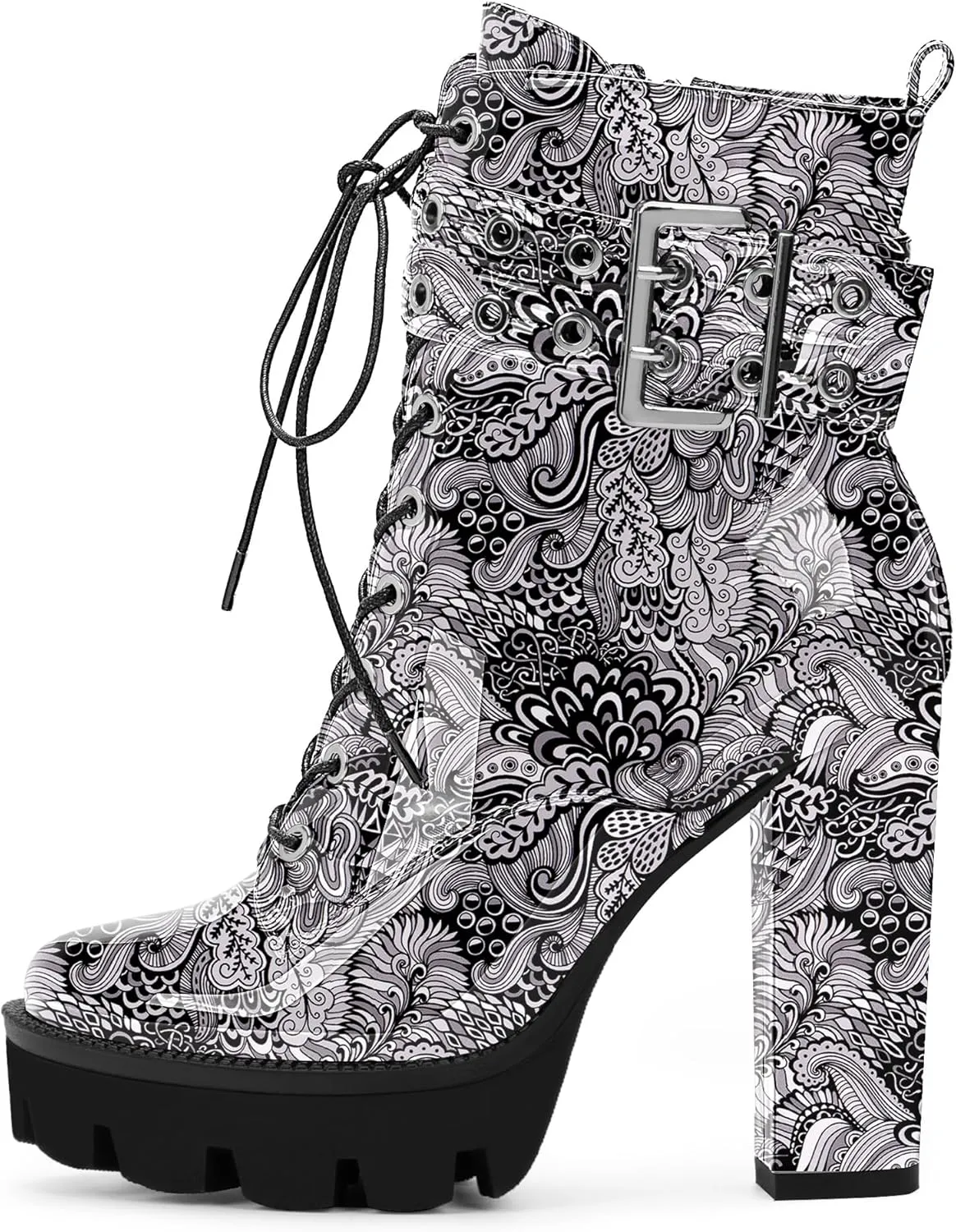 Women's Platform Chunky High Heel Ankle Boots Gothic Buckle Strap Lace Up Combat Booties