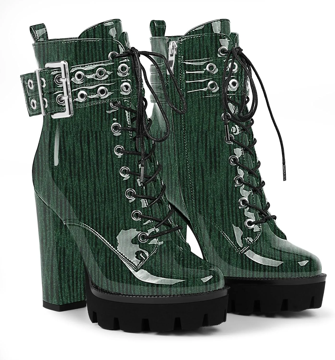 Women's Platform Chunky High Heel Ankle Boots Gothic Buckle Strap Lace Up Combat Booties