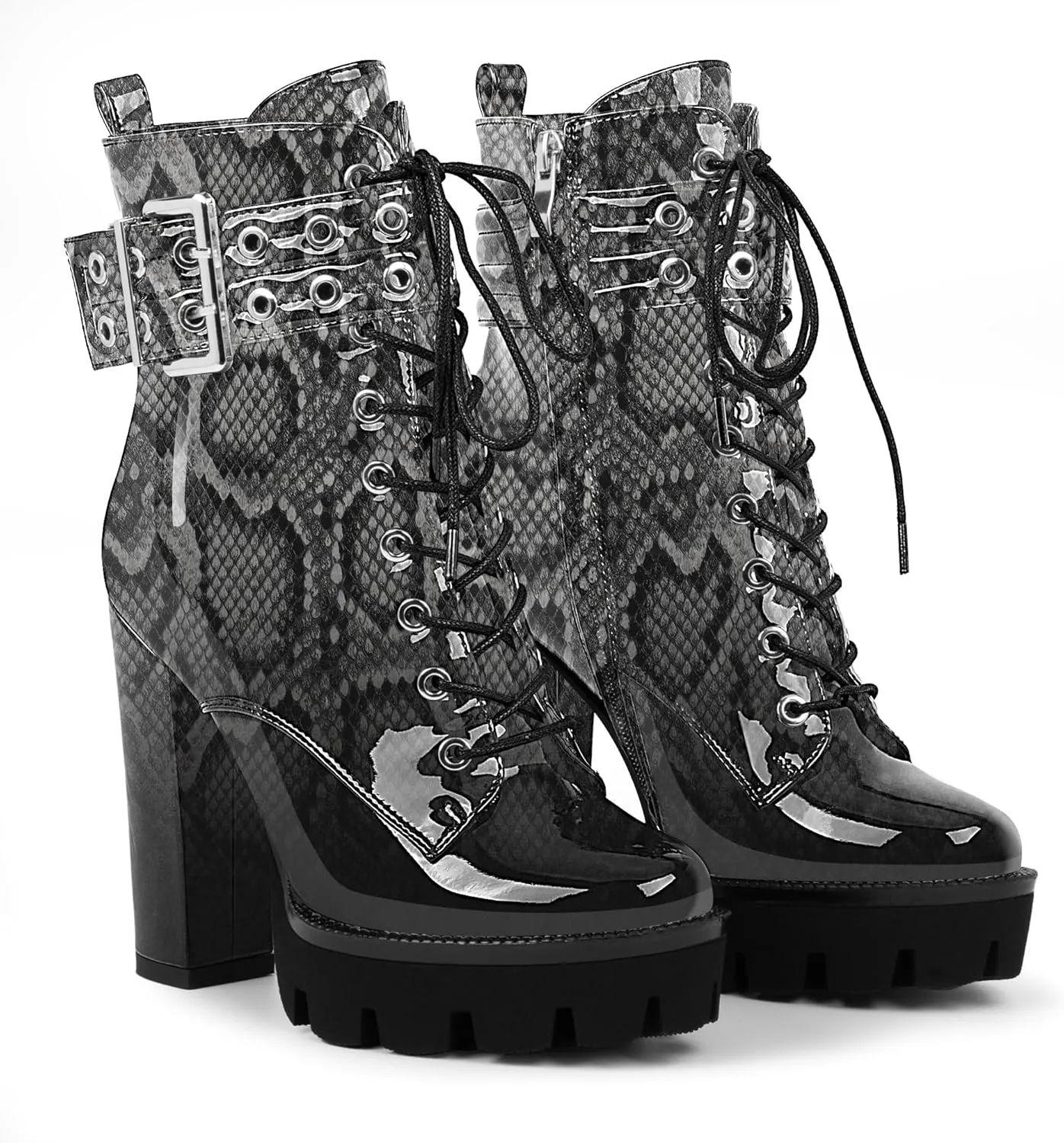Women's Platform Chunky High Heel Ankle Boots Gothic Buckle Strap Lace Up Combat Booties