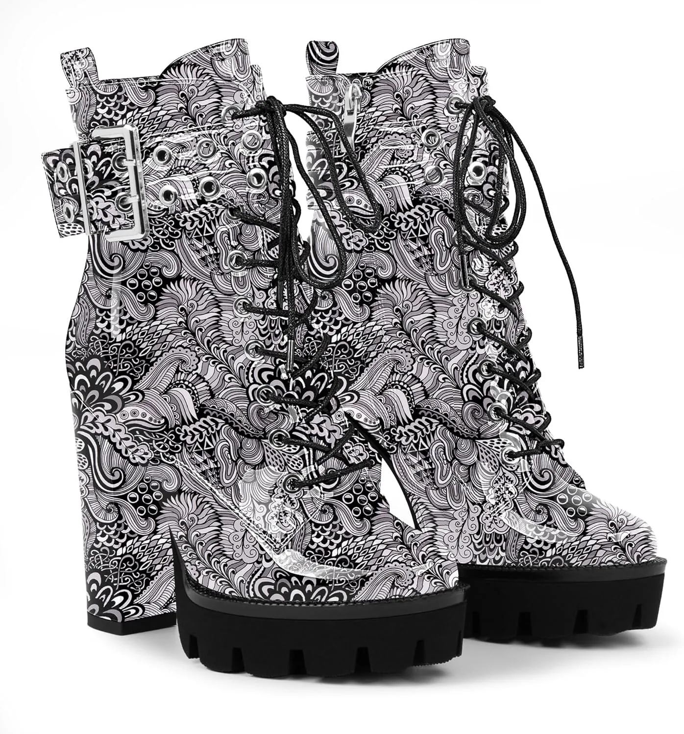 Women's Platform Chunky High Heel Ankle Boots Gothic Buckle Strap Lace Up Combat Booties