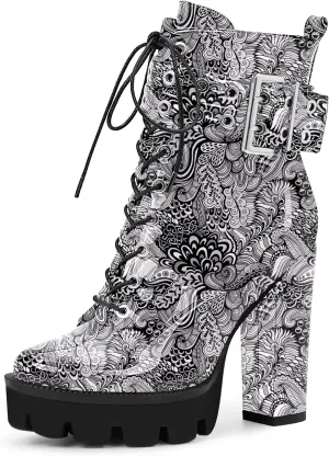 Women's Platform Chunky High Heel Ankle Boots Gothic Buckle Strap Lace Up Combat Booties