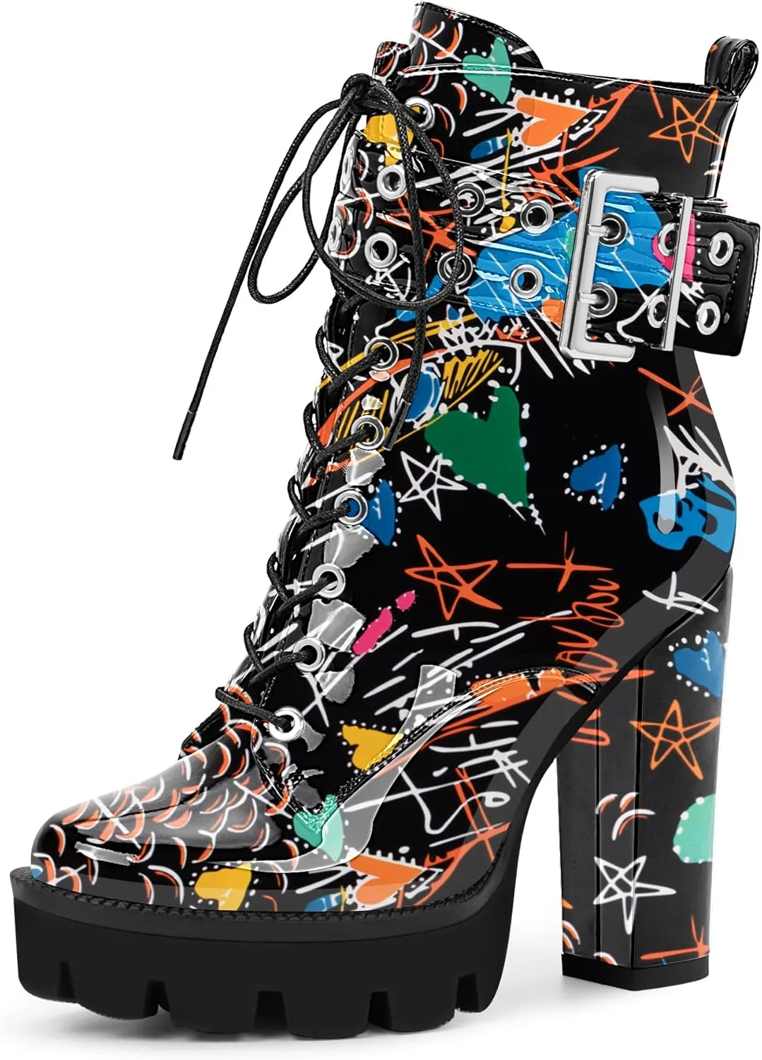Women's Platform Chunky High Heel Ankle Boots Gothic Buckle Strap Lace Up Combat Booties