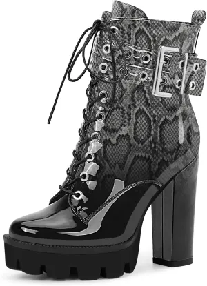 Women's Platform Chunky High Heel Ankle Boots Gothic Buckle Strap Lace Up Combat Booties