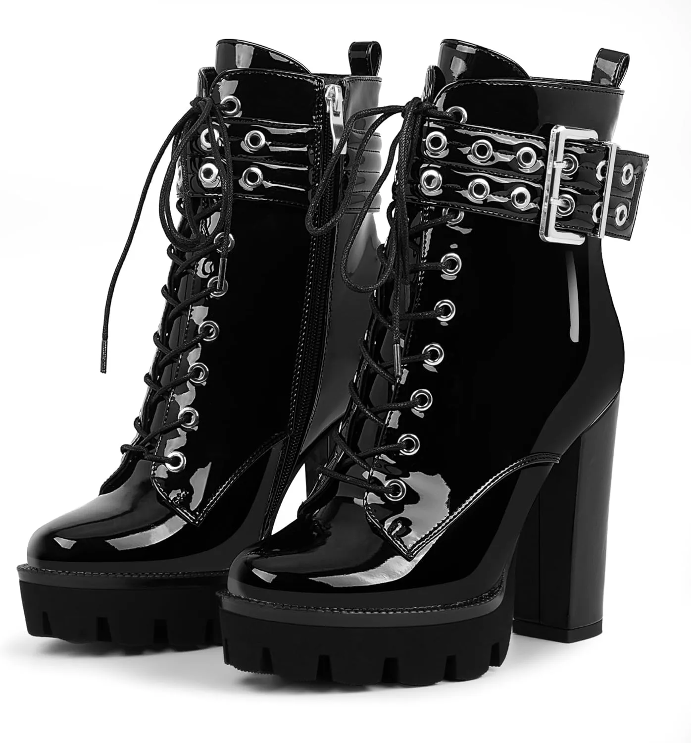 Women's Platform Chunky High Heel Ankle Boots Gothic Buckle Strap Lace Up Combat Booties