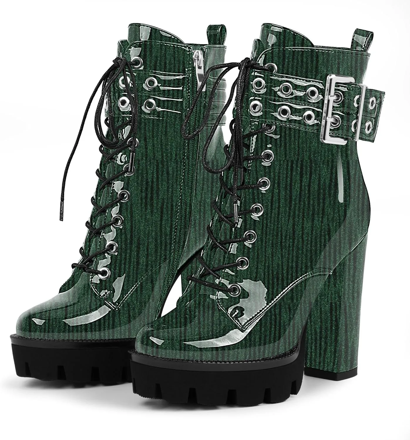 Women's Platform Chunky High Heel Ankle Boots Gothic Buckle Strap Lace Up Combat Booties