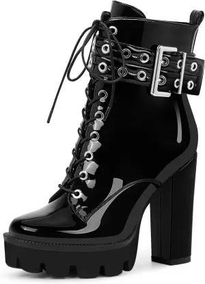 Women's Platform Chunky High Heel Ankle Boots Gothic Buckle Strap Lace Up Combat Booties