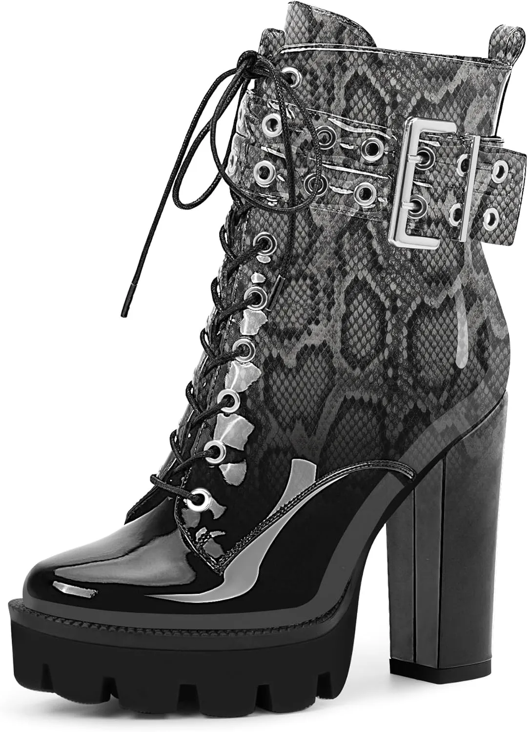 Women's Platform Chunky High Heel Ankle Boots Gothic Buckle Strap Lace Up Combat Booties