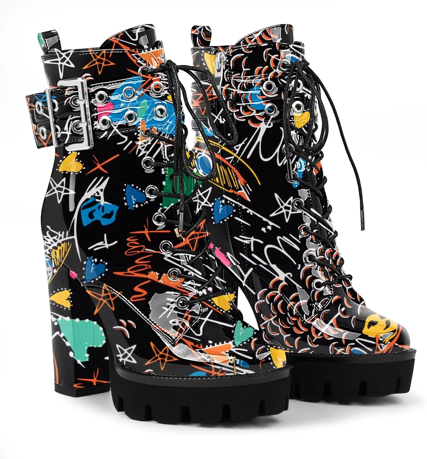 Women's Platform Chunky High Heel Ankle Boots Gothic Buckle Strap Lace Up Combat Booties