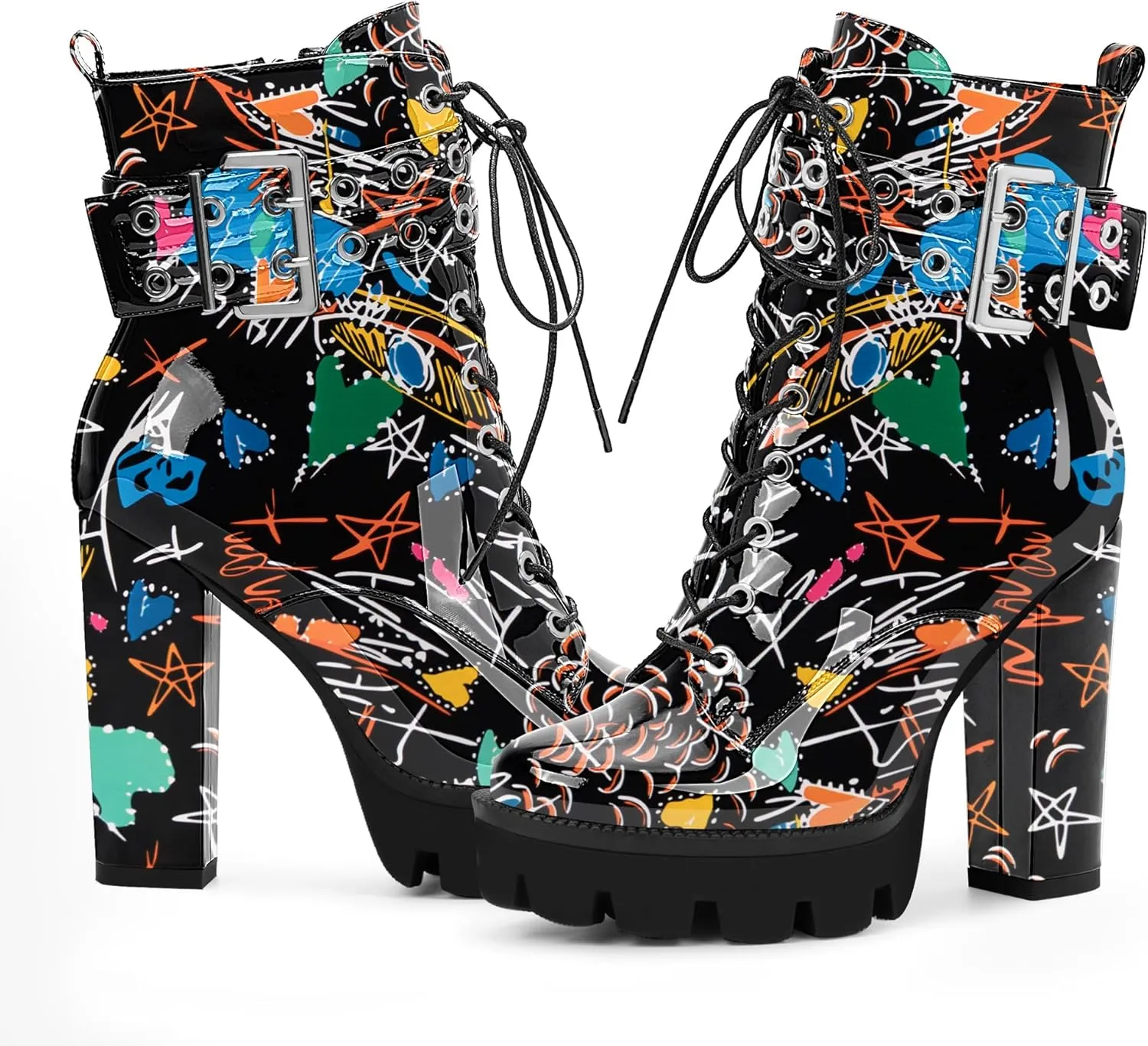 Women's Platform Chunky High Heel Ankle Boots Gothic Buckle Strap Lace Up Combat Booties