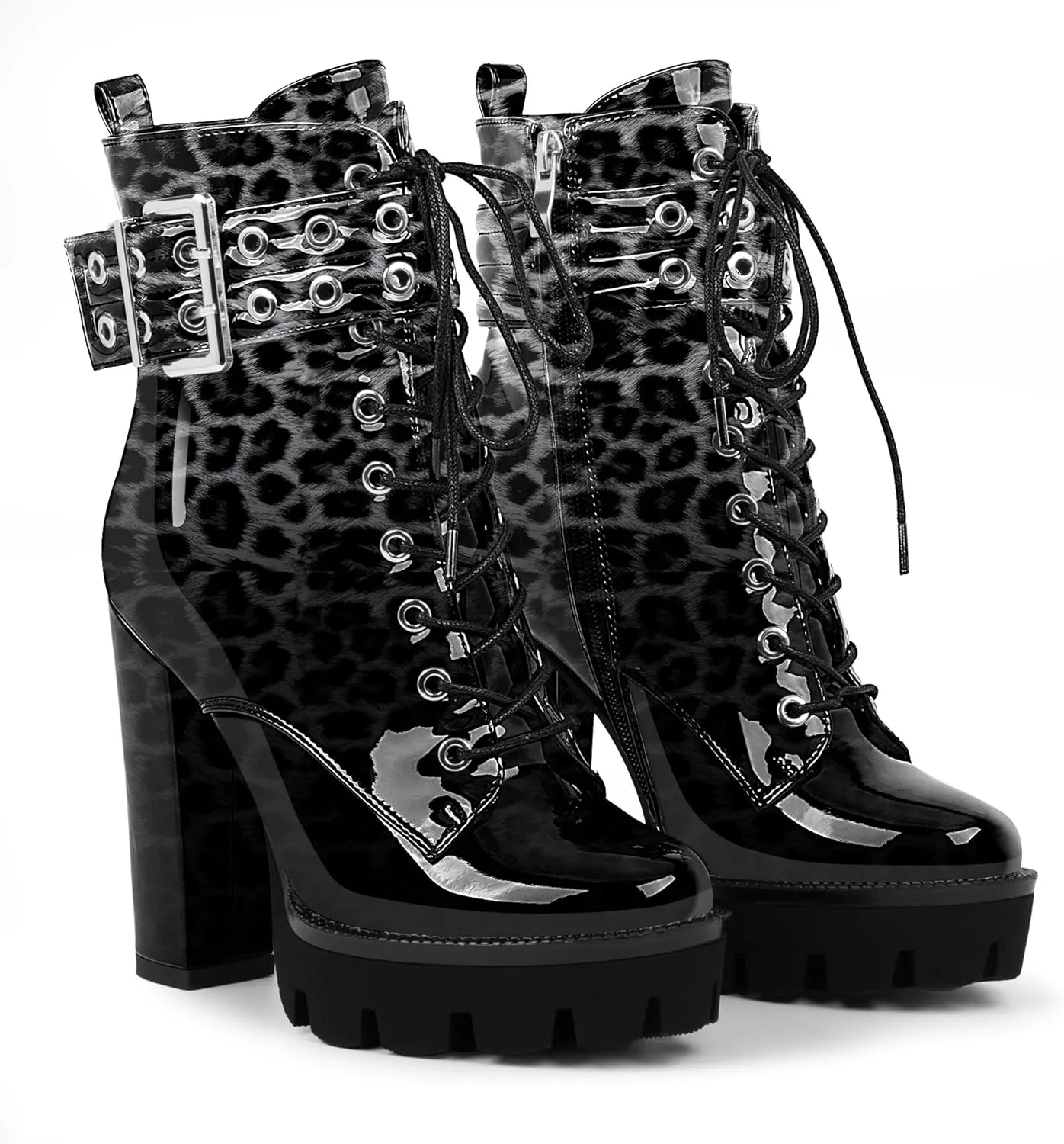 Women's Platform Chunky High Heel Ankle Boots Gothic Buckle Strap Lace Up Combat Booties