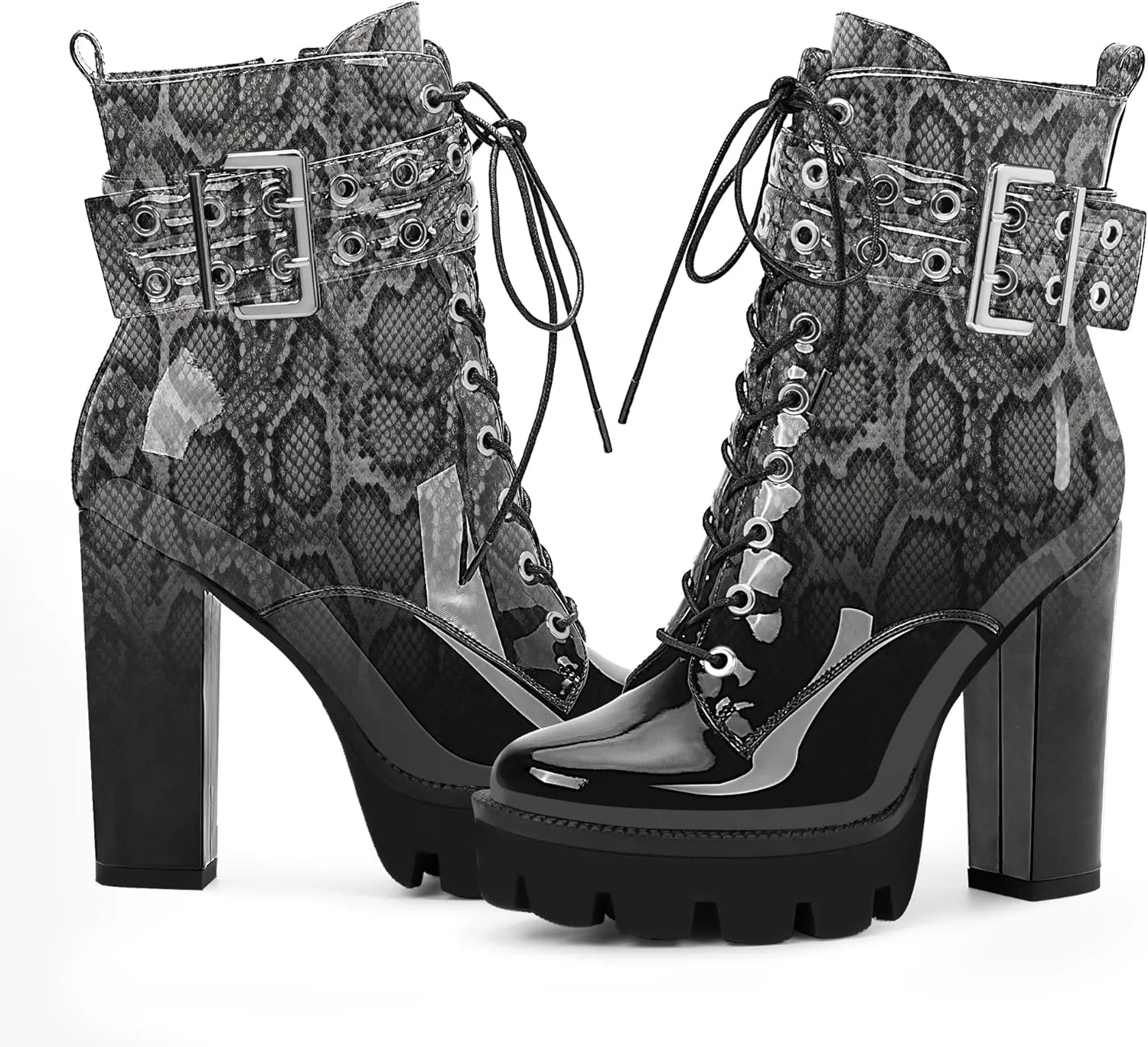 Women's Platform Chunky High Heel Ankle Boots Gothic Buckle Strap Lace Up Combat Booties
