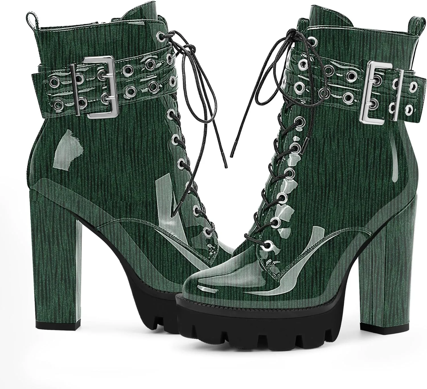Women's Platform Chunky High Heel Ankle Boots Gothic Buckle Strap Lace Up Combat Booties