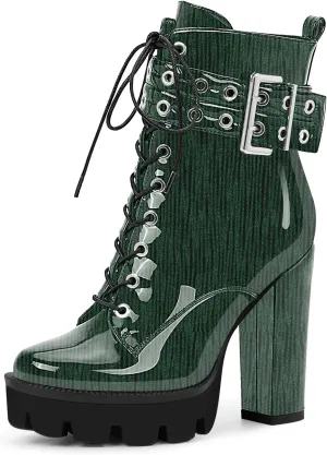 Women's Platform Chunky High Heel Ankle Boots Gothic Buckle Strap Lace Up Combat Booties