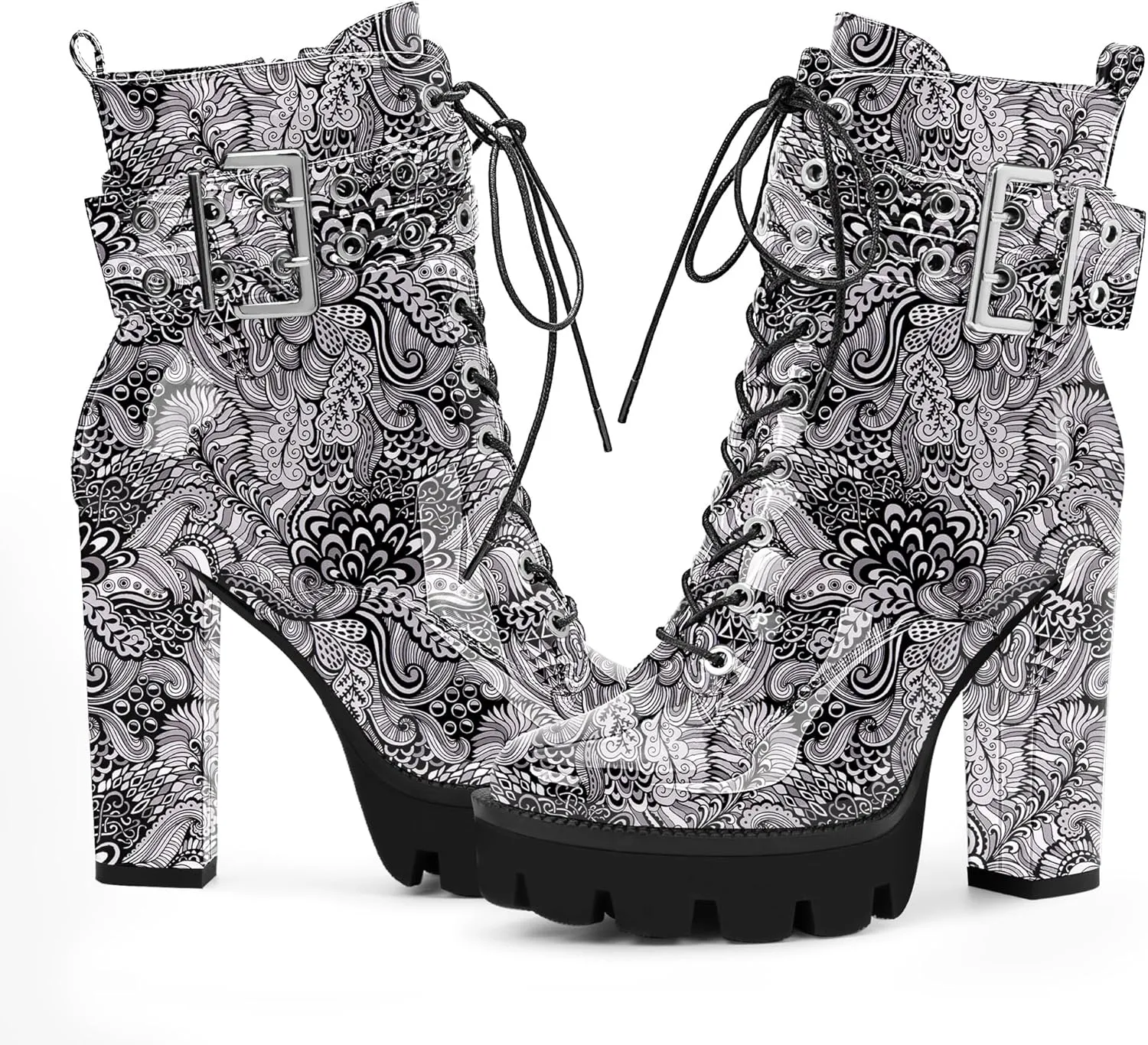Women's Platform Chunky High Heel Ankle Boots Gothic Buckle Strap Lace Up Combat Booties