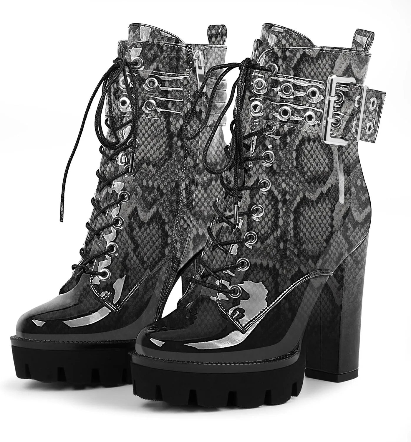 Women's Platform Chunky High Heel Ankle Boots Gothic Buckle Strap Lace Up Combat Booties