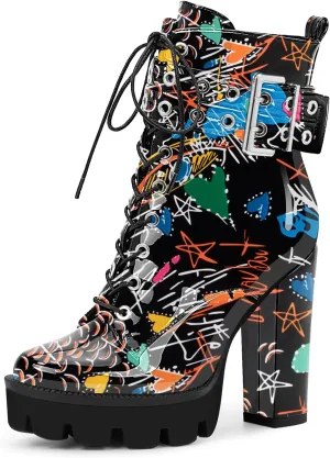 Women's Platform Chunky High Heel Ankle Boots Gothic Buckle Strap Lace Up Combat Booties