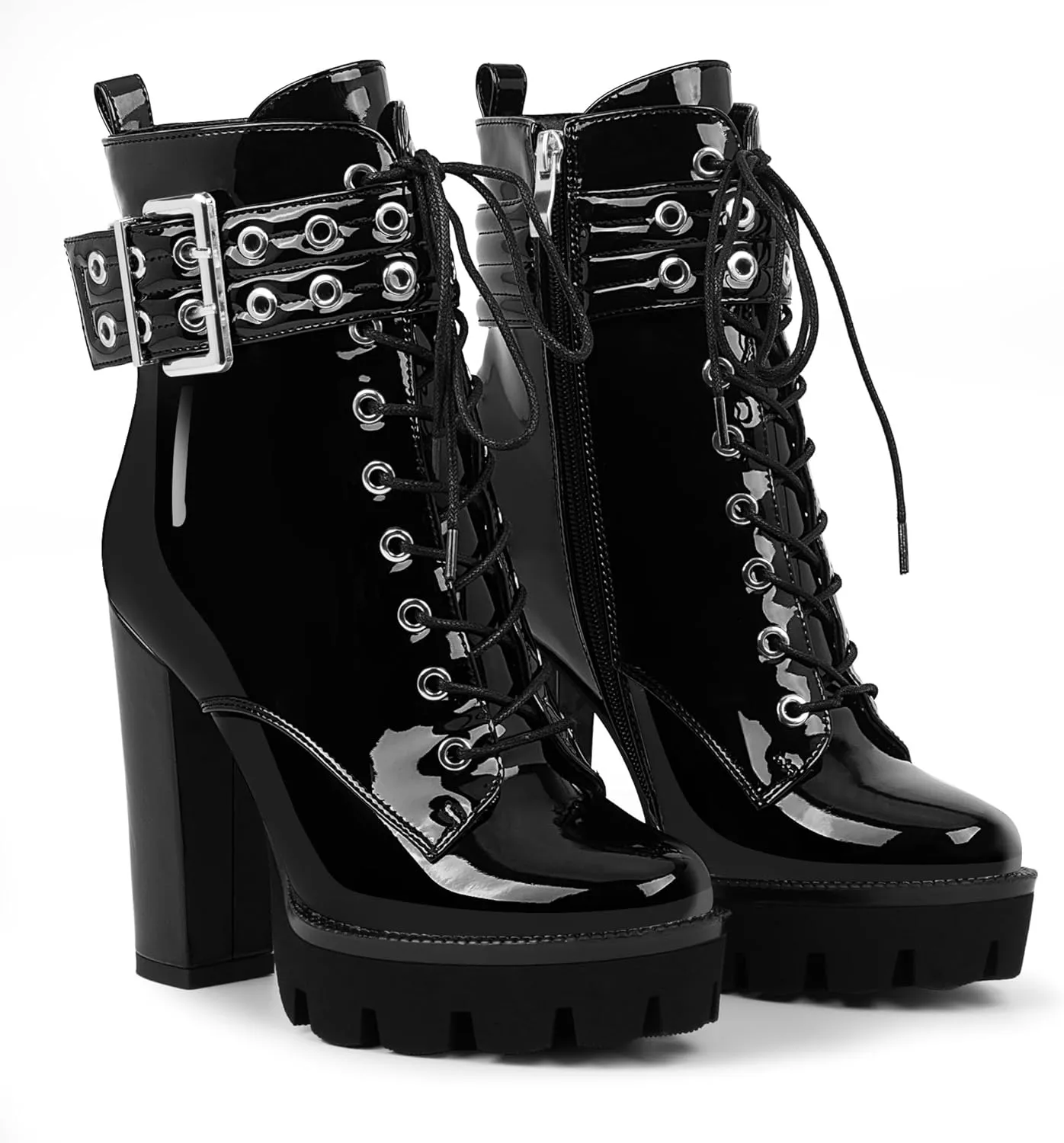 Women's Platform Chunky High Heel Ankle Boots Gothic Buckle Strap Lace Up Combat Booties