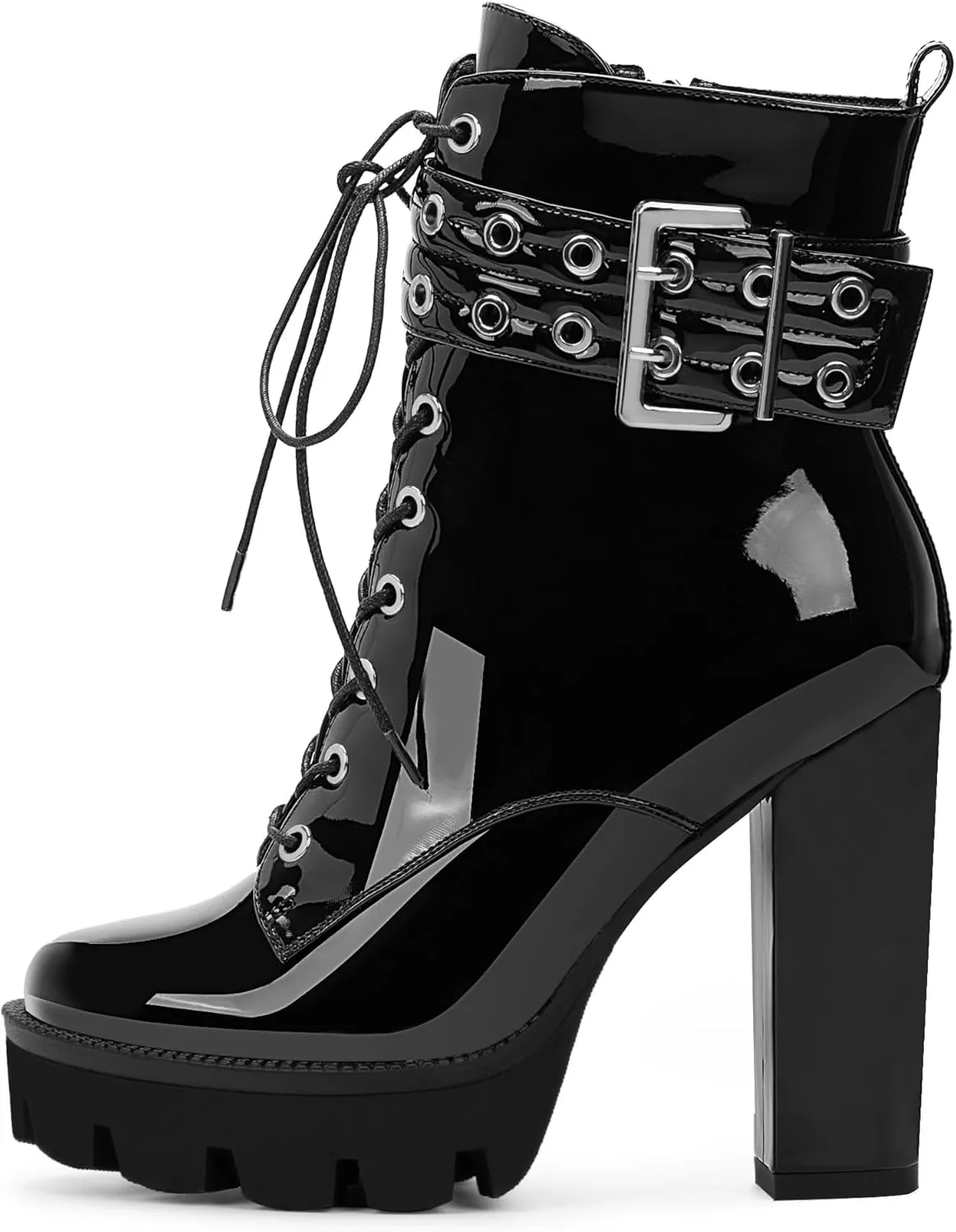 Women's Platform Chunky High Heel Ankle Boots Gothic Buckle Strap Lace Up Combat Booties