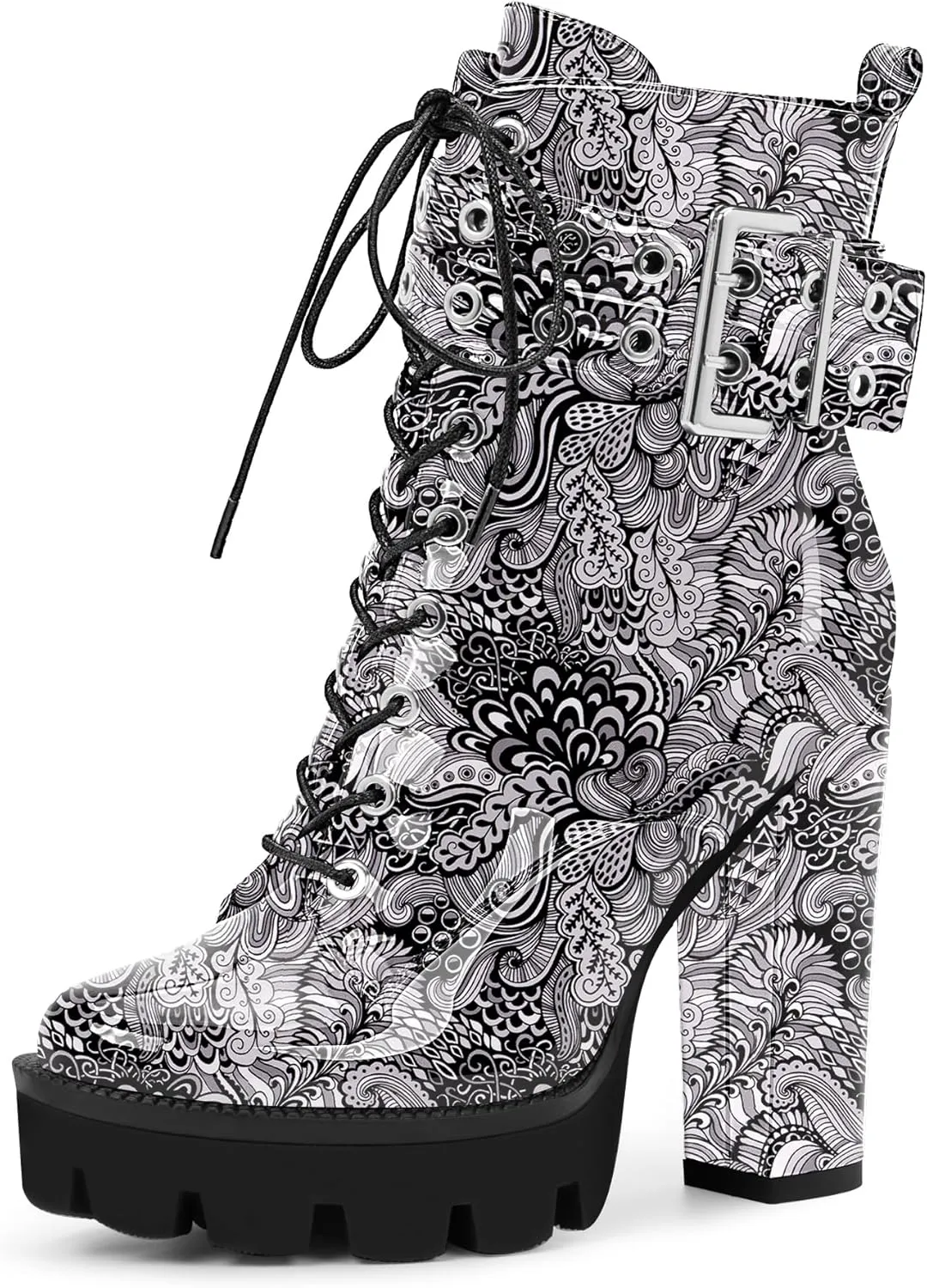Women's Platform Chunky High Heel Ankle Boots Gothic Buckle Strap Lace Up Combat Booties