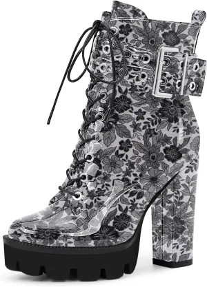 Women's Platform Chunky High Heel Ankle Boots Gothic Buckle Strap Lace Up Combat Booties
