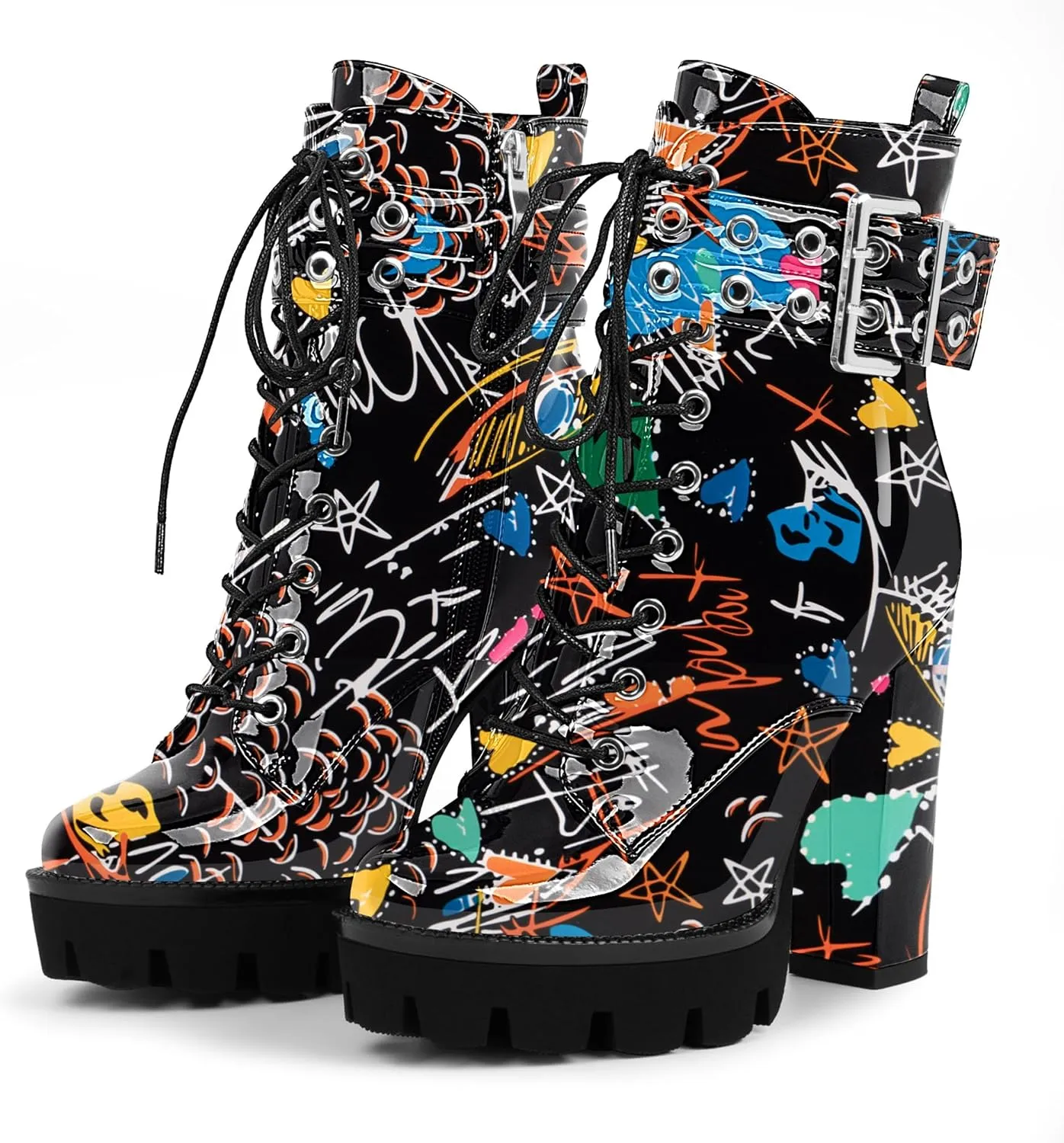 Women's Platform Chunky High Heel Ankle Boots Gothic Buckle Strap Lace Up Combat Booties