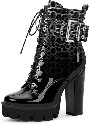 Women's Platform Chunky High Heel Ankle Boots Gothic Buckle Strap Lace Up Combat Booties