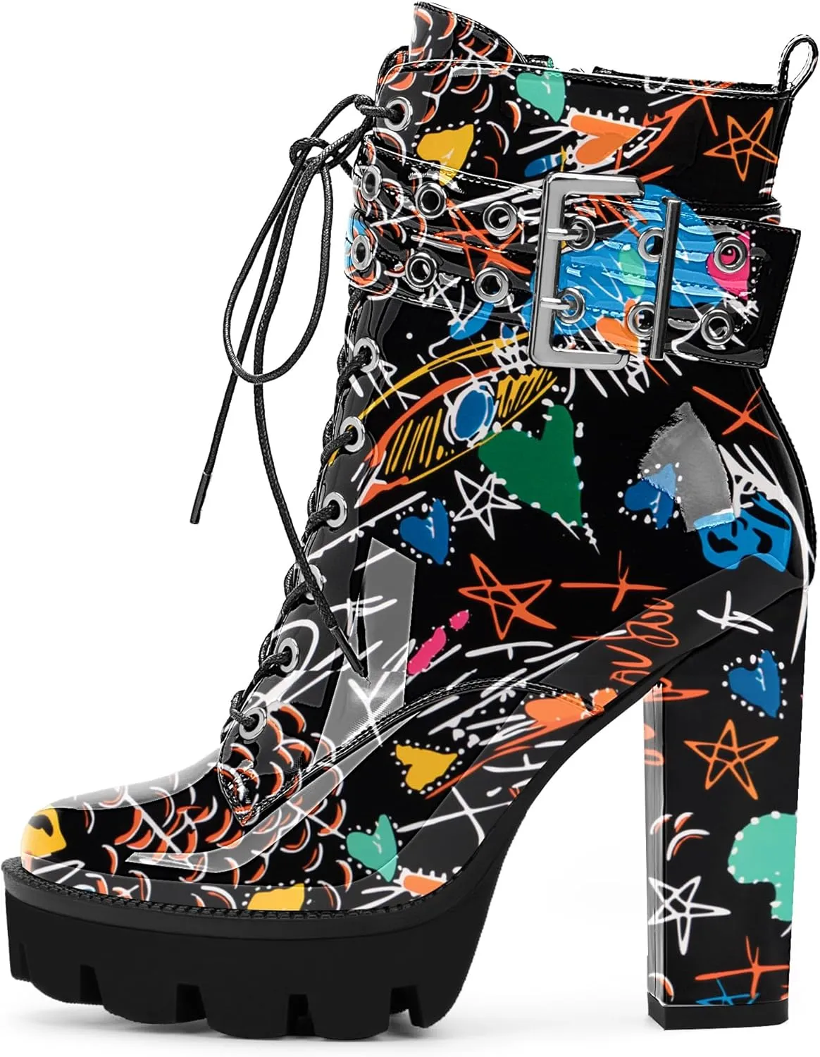 Women's Platform Chunky High Heel Ankle Boots Gothic Buckle Strap Lace Up Combat Booties