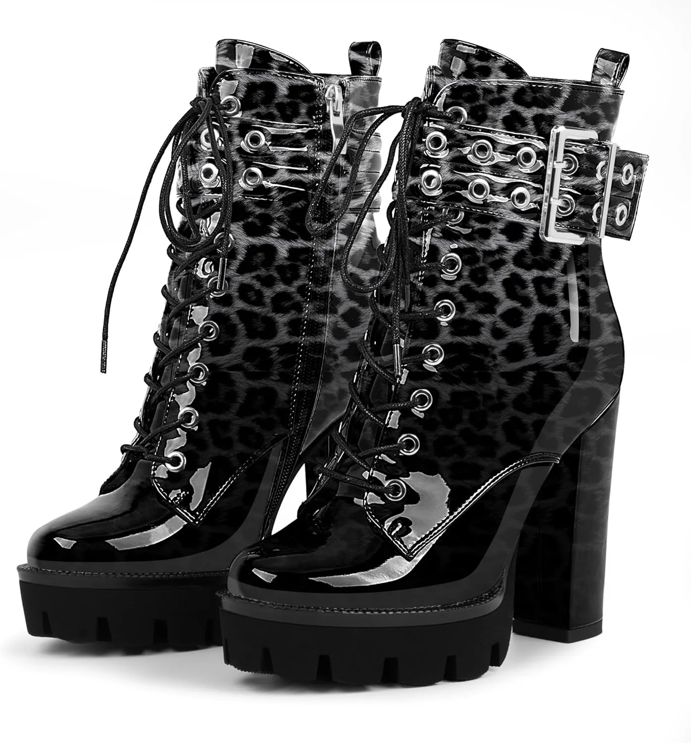 Women's Platform Chunky High Heel Ankle Boots Gothic Buckle Strap Lace Up Combat Booties