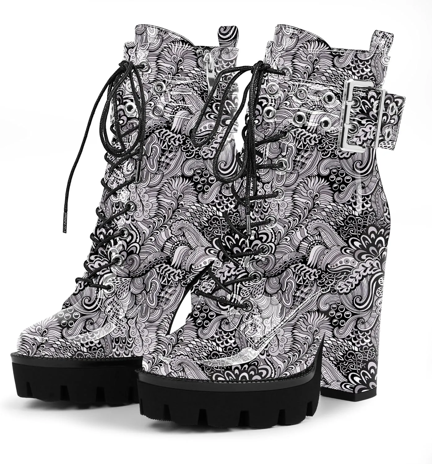 Women's Platform Chunky High Heel Ankle Boots Gothic Buckle Strap Lace Up Combat Booties