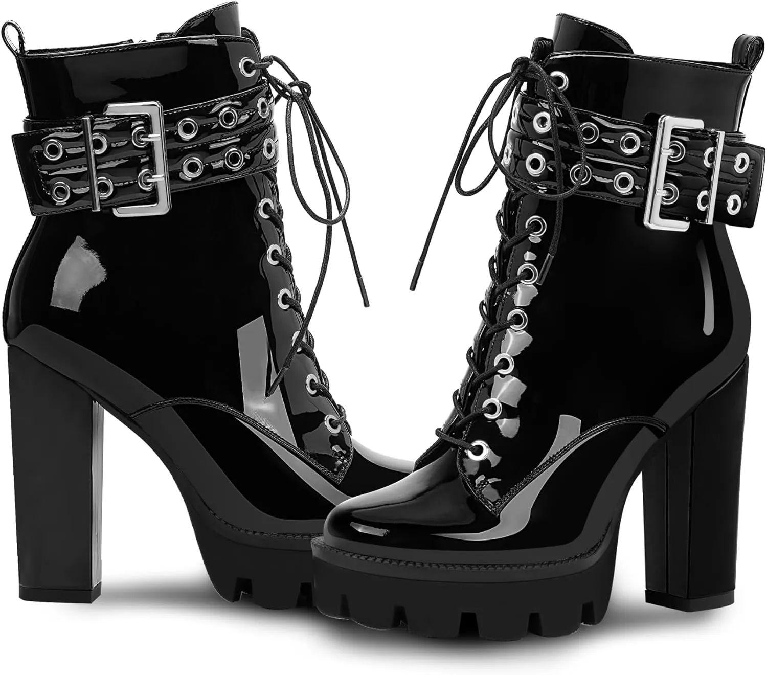 Women's Platform Chunky High Heel Ankle Boots Gothic Buckle Strap Lace Up Combat Booties