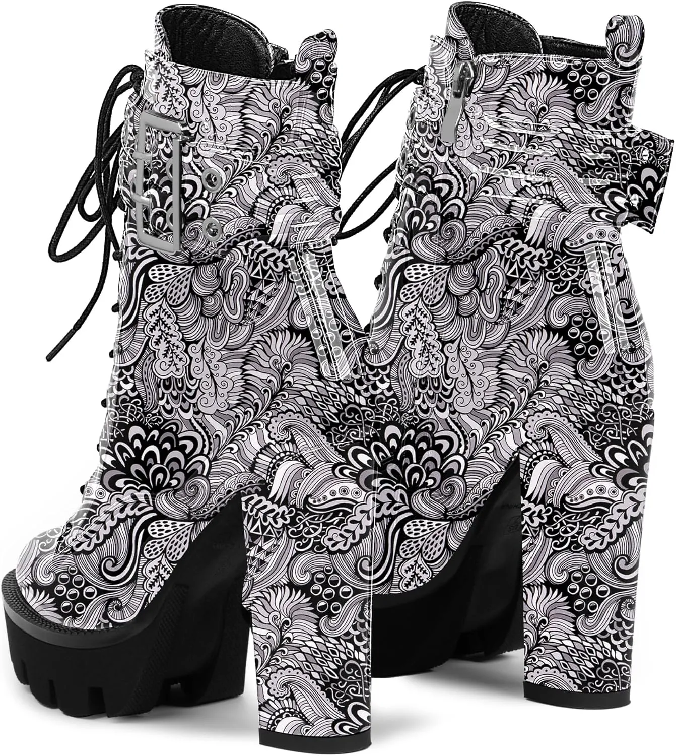 Women's Platform Chunky High Heel Ankle Boots Gothic Buckle Strap Lace Up Combat Booties