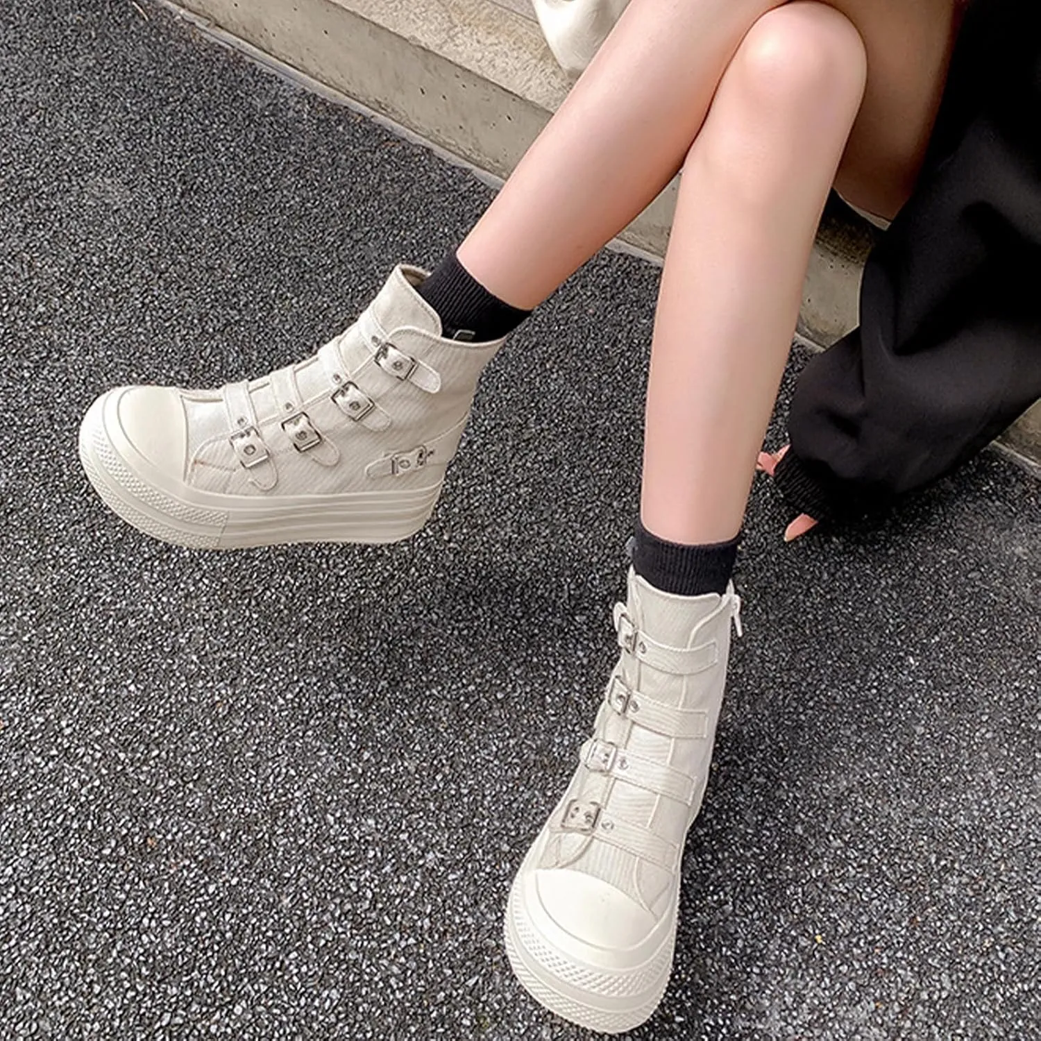 Women's Platform High Top Sneakers High Top Canvas Shoes Thick Sole Side Zipper Fashion Walking Shoes (Off White,6)