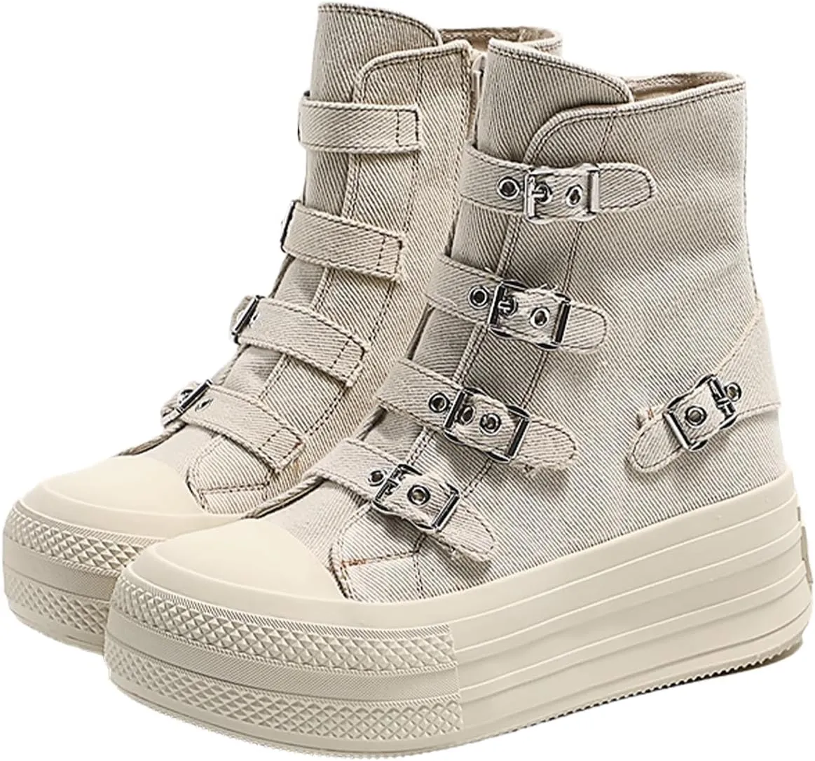 Women's Platform High Top Sneakers High Top Canvas Shoes Thick Sole Side Zipper Fashion Walking Shoes (Off White,6)