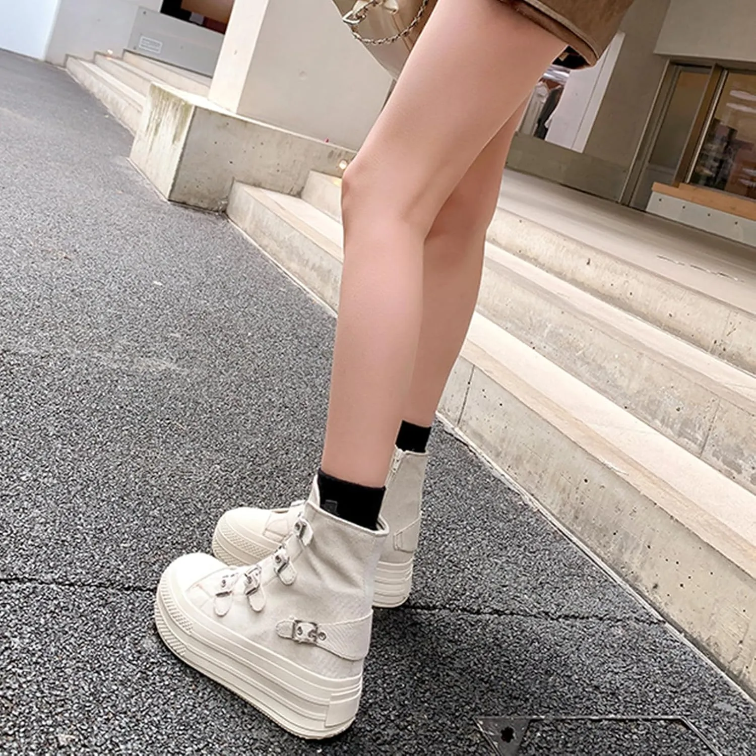 Women's Platform High Top Sneakers High Top Canvas Shoes Thick Sole Side Zipper Fashion Walking Shoes (Off White,6)