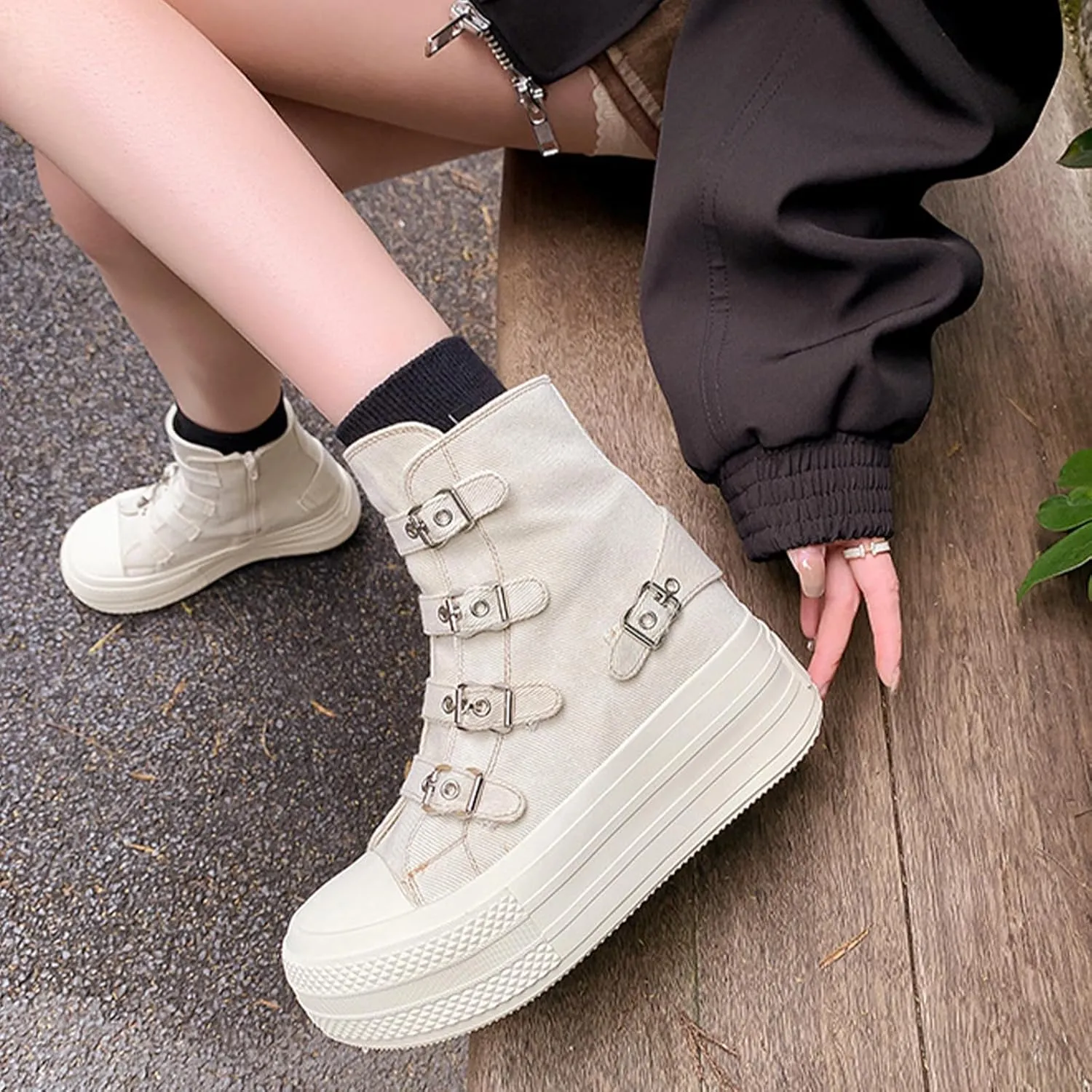 Women's Platform High Top Sneakers High Top Canvas Shoes Thick Sole Side Zipper Fashion Walking Shoes (Off White,6)