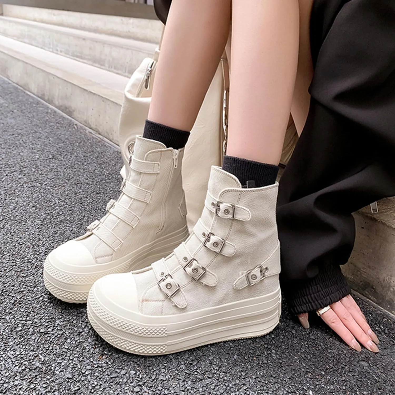 Women's Platform High Top Sneakers High Top Canvas Shoes Thick Sole Side Zipper Fashion Walking Shoes (Off White,6)