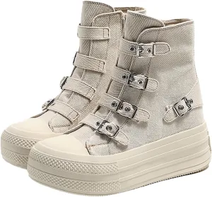 Women's Platform High Top Sneakers High Top Canvas Shoes Thick Sole Side Zipper Fashion Walking Shoes (Off White,6)