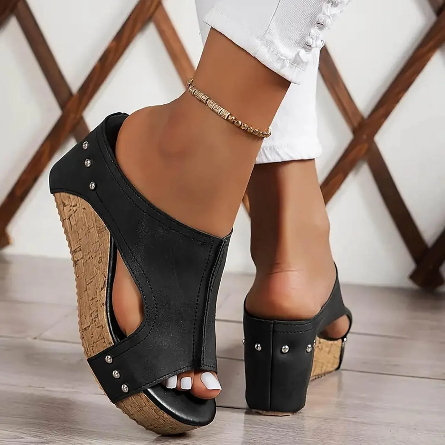 Women's Platform Wedge Sandals, Cork Wedges Heels Slip on Platform Slides Sandals Comfortable Open Toe Casual & Dressy Summer Beach Shoes (a-Black, 7.5)