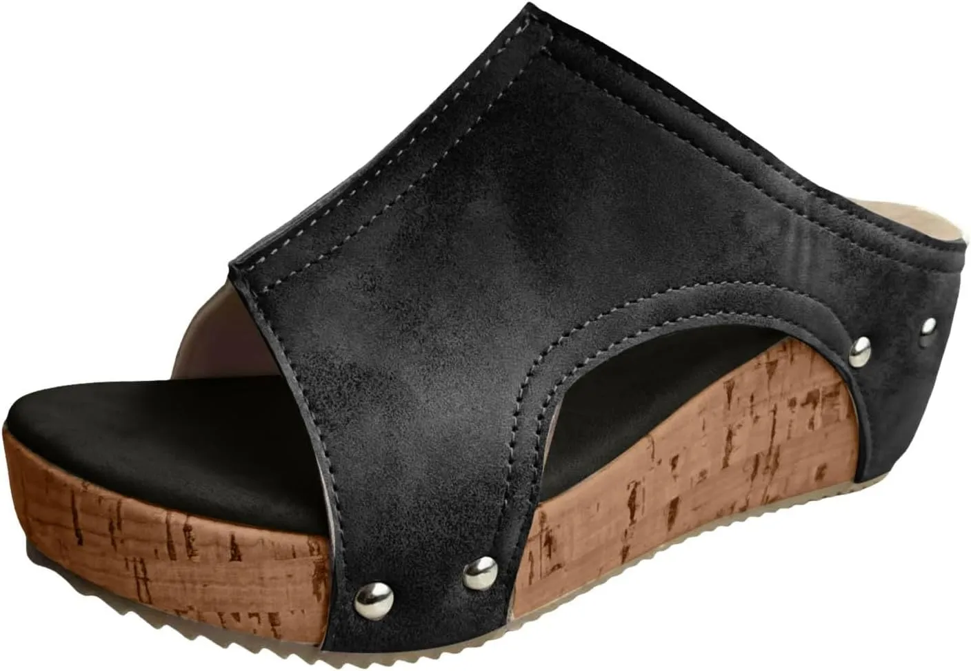 Women's Platform Wedge Sandals, Cork Wedges Heels Slip on Platform Slides Sandals Comfortable Open Toe Casual & Dressy Summer Beach Shoes (a-Black, 7.5)