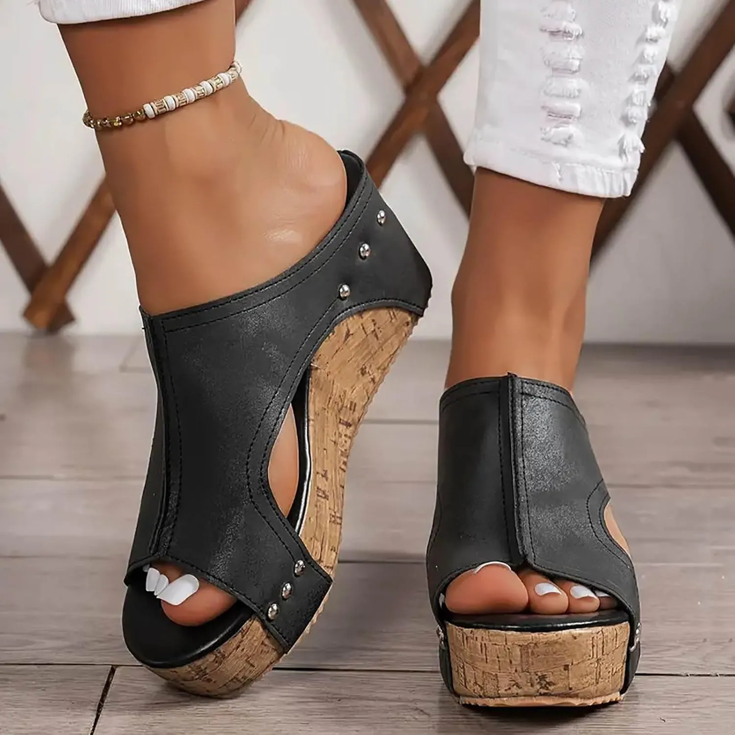 Women's Platform Wedge Sandals, Cork Wedges Heels Slip on Platform Slides Sandals Comfortable Open Toe Casual & Dressy Summer Beach Shoes (a-Black, 7.5)