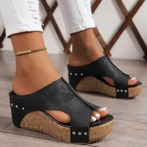 Women's Platform Wedge Sandals, Cork Wedges Heels Slip on Platform Slides Sandals Comfortable Open Toe Casual & Dressy Summer Beach Shoes (a-Black, 7.5)