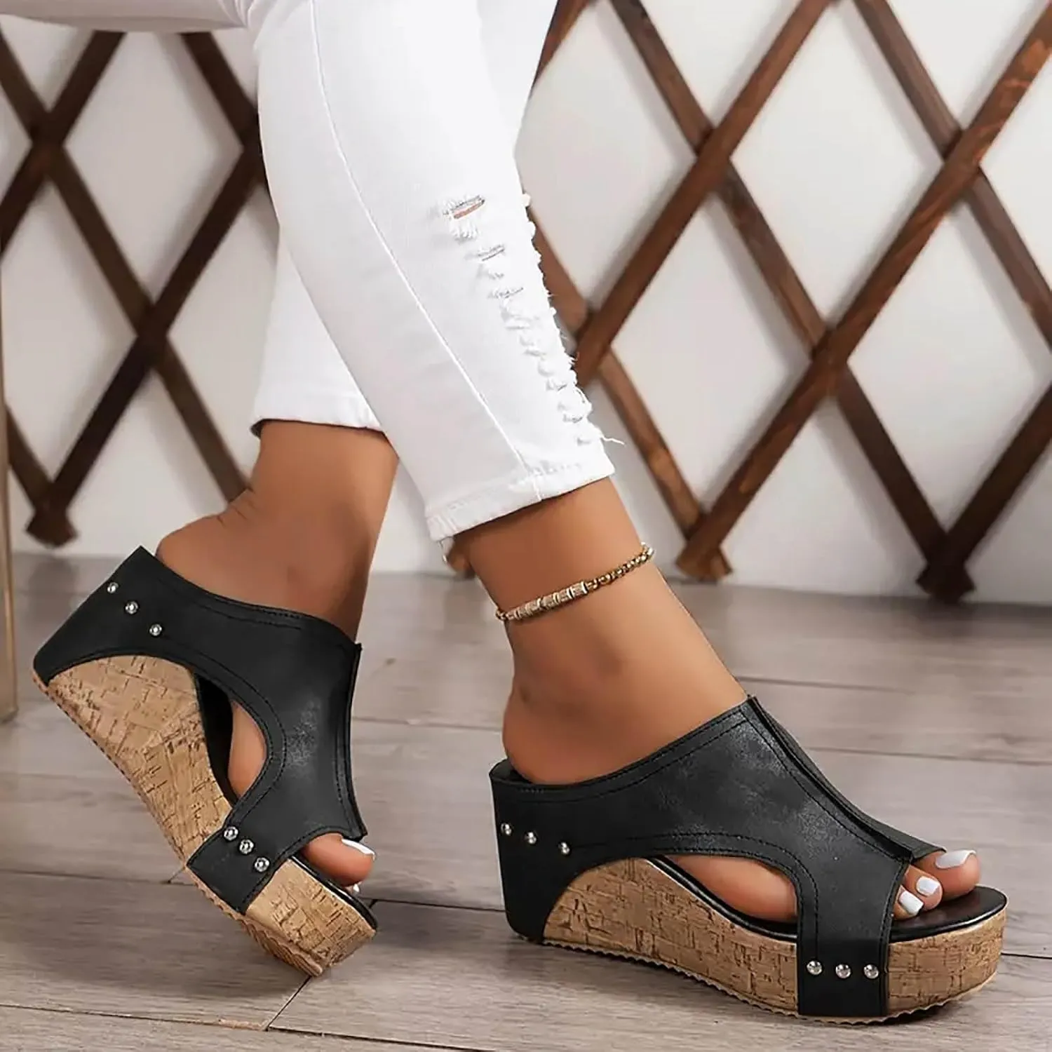 Women's Platform Wedge Sandals, Cork Wedges Heels Slip on Platform Slides Sandals Comfortable Open Toe Casual & Dressy Summer Beach Shoes (a-Black, 7.5)