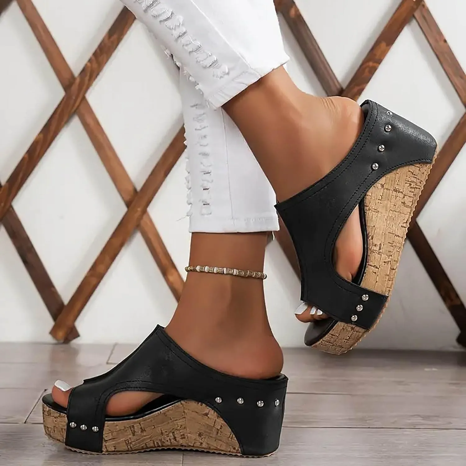 Women's Platform Wedge Sandals, Cork Wedges Heels Slip on Platform Slides Sandals Comfortable Open Toe Casual & Dressy Summer Beach Shoes (a-Black, 7.5)