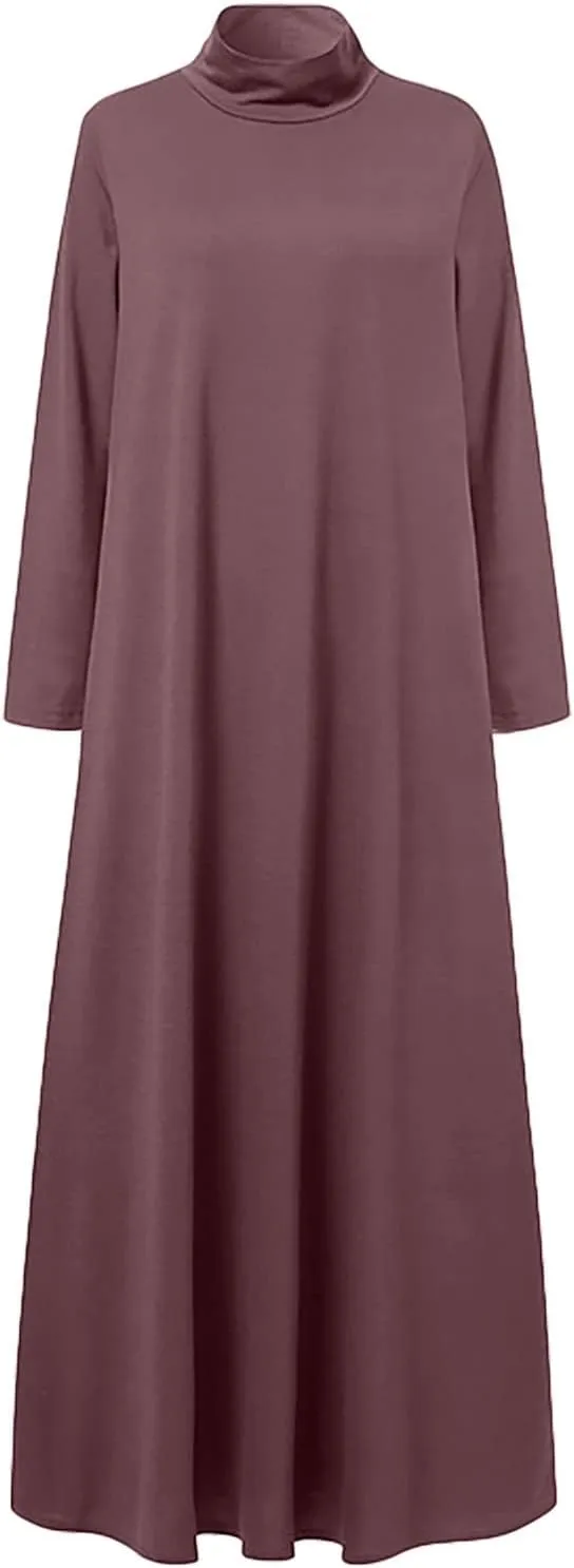 Women's Plus Size Dresses Fall High Neck A Line Swing Pleated Solid Dress Long Sleeve Comfortable Flowy Maxi Dresses