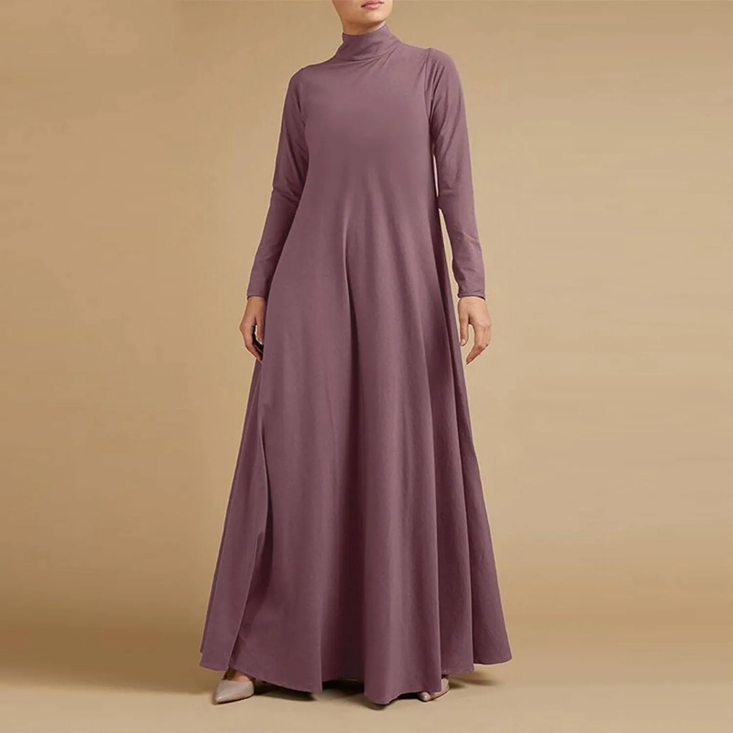 Women's Plus Size Dresses Fall High Neck A Line Swing Pleated Solid Dress Long Sleeve Comfortable Flowy Maxi Dresses