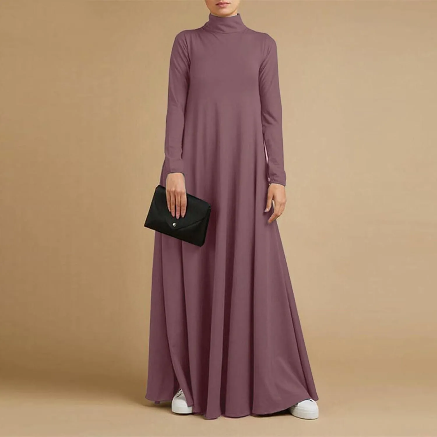 Women's Plus Size Dresses Fall High Neck A Line Swing Pleated Solid Dress Long Sleeve Comfortable Flowy Maxi Dresses